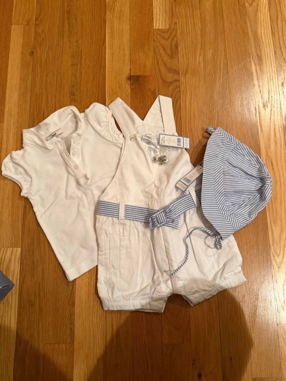Jacadi White Cotton Baby Shortall with Blue-Striped Hat